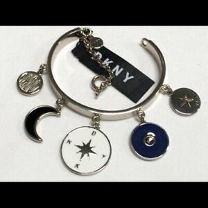 DKNY Logo Blue Compass Star Moon Charms Bangle Gold Plated Bracelet 7" New